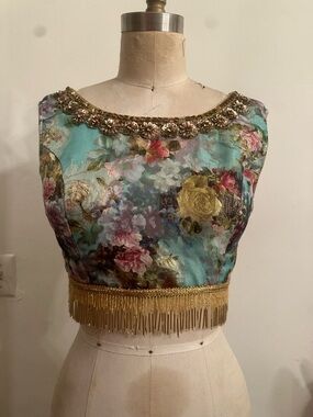 Vintage 60s floral silk cropped gold beaded Bollywood fringe fitted bolero top